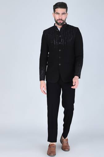 Black embroidered bandhgala suit for men