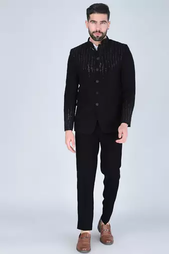 Black embroidered bandhgala suit for men