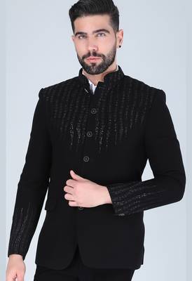 Black embroidered bandhgala suit for men 2