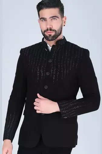 Black embroidered bandhgala suit for men