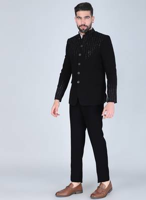 Black embroidered bandhgala suit for men 3