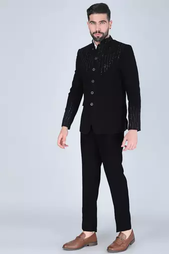 Black embroidered bandhgala suit for men
