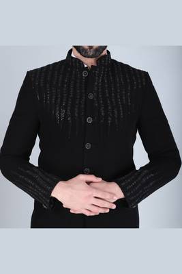Black embroidered bandhgala suit for men 4