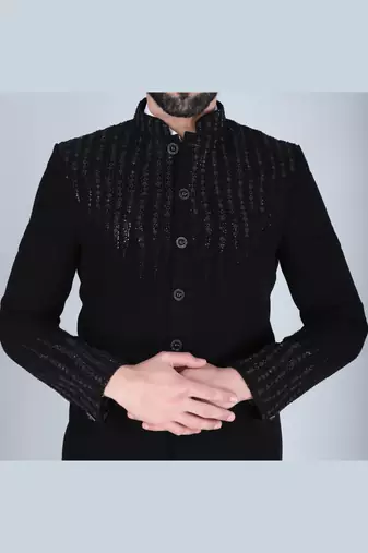 Black embroidered bandhgala suit for men