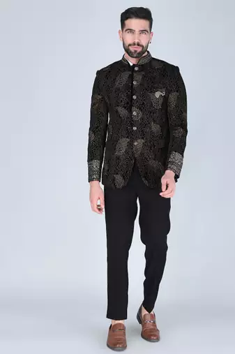 Black metal embroidered bandhgala suit for men