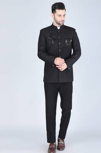 Black embroidered bandhgala suit with pintex detailing