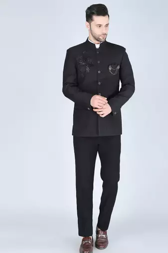 Black embroidered bandhgala suit with pintex detailing