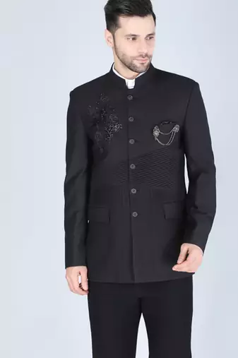 Black embroidered bandhgala suit with pintex detailing