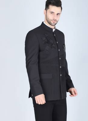 Black embroidered bandhgala suit with pintex detailing 3