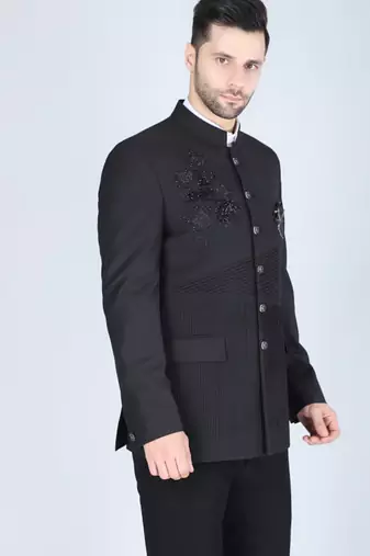 Black embroidered bandhgala suit with pintex detailing