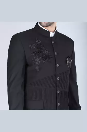 Black embroidered bandhgala suit with pintex detailing