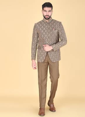 Mehendi brown embroidered bandhgala suit for men 1