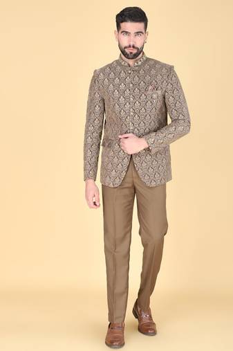 Mehendi brown embroidered bandhgala suit for men
