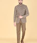 Mehendi brown embroidered bandhgala suit for men