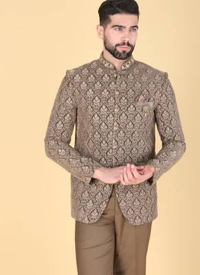 Mehendi brown embroidered bandhgala suit for men 2