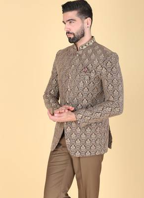 Mehendi brown embroidered bandhgala suit for men 3