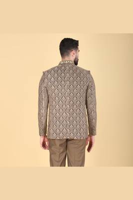 Mehendi brown embroidered bandhgala suit for men 4