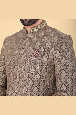 Mehendi brown embroidered bandhgala suit for men 5