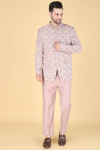 Pink embroidered bandhgala suit for men