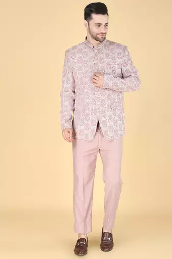 Pink embroidered bandhgala suit for men
