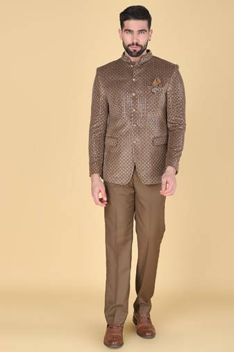 Brown embroidered bandhgala suit for men