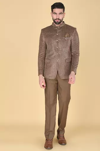 Brown embroidered bandhgala suit for men