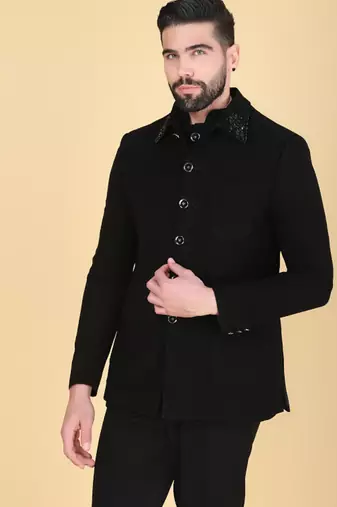 Black bandhgala with embroidered nehru jacket  for men