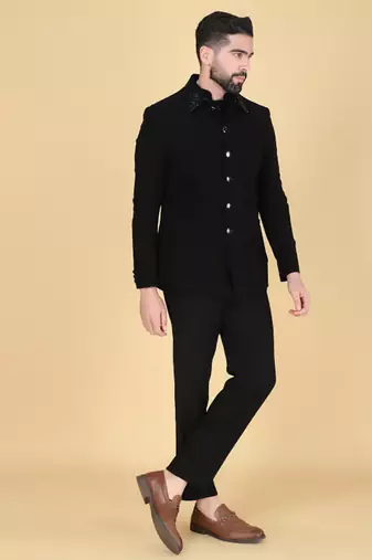 Black bandhgala with embroidered nehru jacket  for men