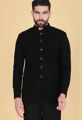 Black bandhgala with embroidered nehru jacket  for men 4
