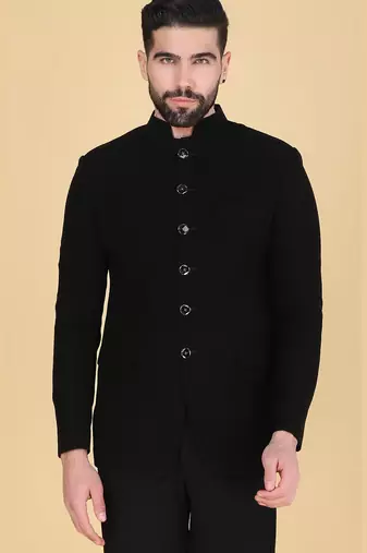 Black bandhgala with embroidered nehru jacket  for men