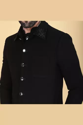 Black bandhgala with embroidered nehru jacket  for men