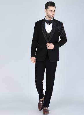 Black 5 pc embroidered designer tuxedo suit for men 1