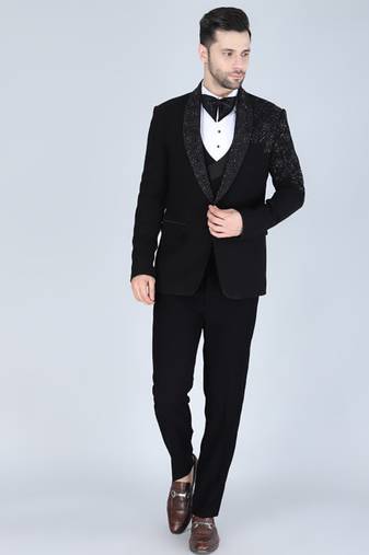Black 5 pc embroidered designer tuxedo suit for men