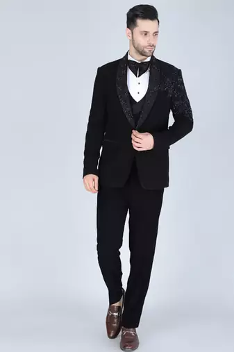 Black 5 pc embroidered designer tuxedo suit for men
