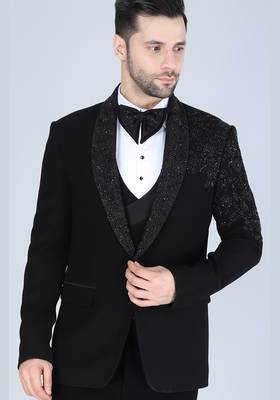 Black 5 pc embroidered designer tuxedo suit for men 3