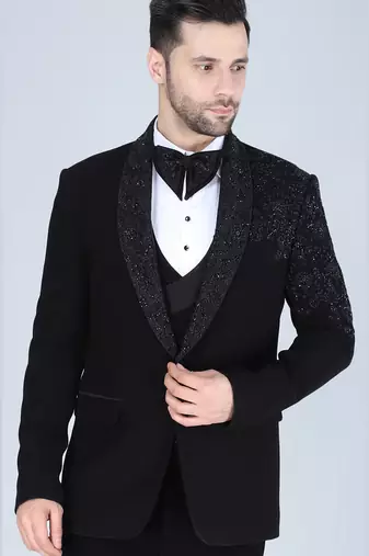 Black 5 pc embroidered designer tuxedo suit for men
