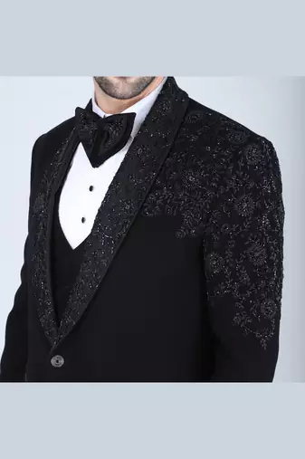 Black 5 pc embroidered designer tuxedo suit for men