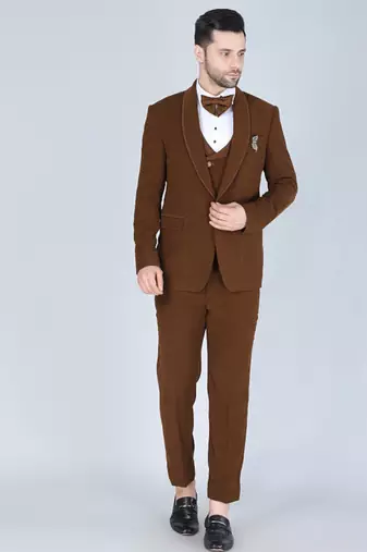 Brown 5 pc designer suit with pintex detailing