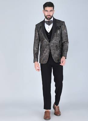 Black 5 pc thread and sequins embroidered designer tuxedo suit for men 1