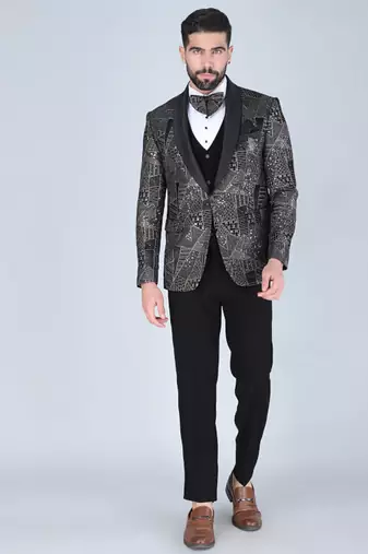 Black 5 pc thread and sequins embroidered designer tuxedo suit for men