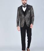 Black 5 pc thread and sequins embroidered designer tuxedo suit for men