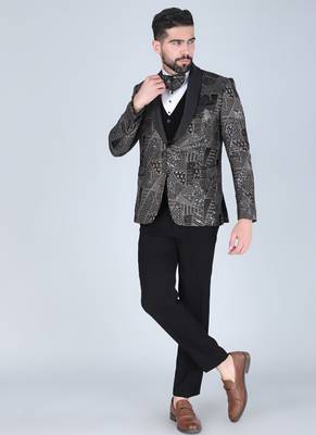 Black 5 pc thread and sequins embroidered designer tuxedo suit for men 2