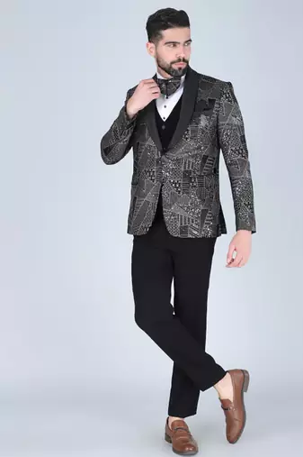 Black 5 pc thread and sequins embroidered designer tuxedo suit for men