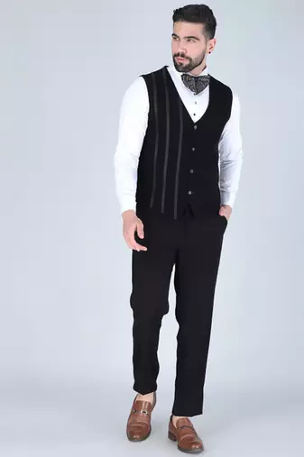 Black 5 pc thread and sequins embroidered designer tuxedo suit for men