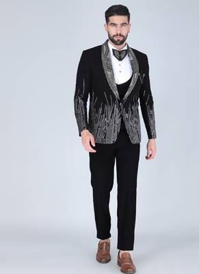 Black 5 pc embroidered designer tuxedo suit for men 1