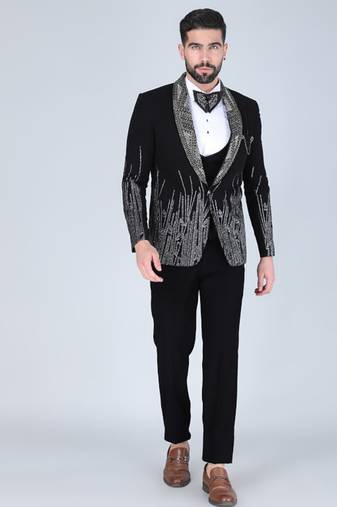 Black 5 pc embroidered designer tuxedo suit for men