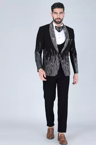 Black 5 pc embroidered designer tuxedo suit for men