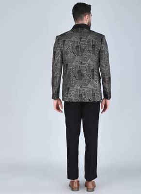 Black 5 pc thread and sequins embroidered designer tuxedo suit for men 4
