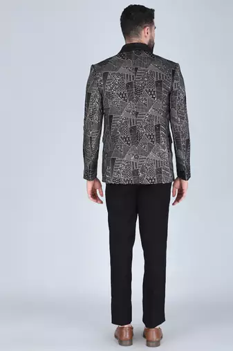 Black 5 pc thread and sequins embroidered designer tuxedo suit for men