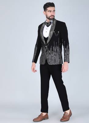 Black 5 pc embroidered designer tuxedo suit for men 2
